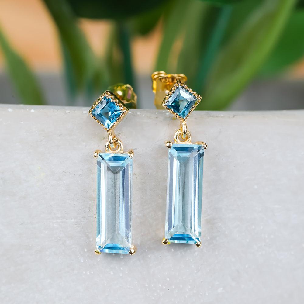 Sky Blue Topaz London Blue Topaz Solid 14k Yellow Gold Drop Earrings Gemstone Jewelry - YoTreasure