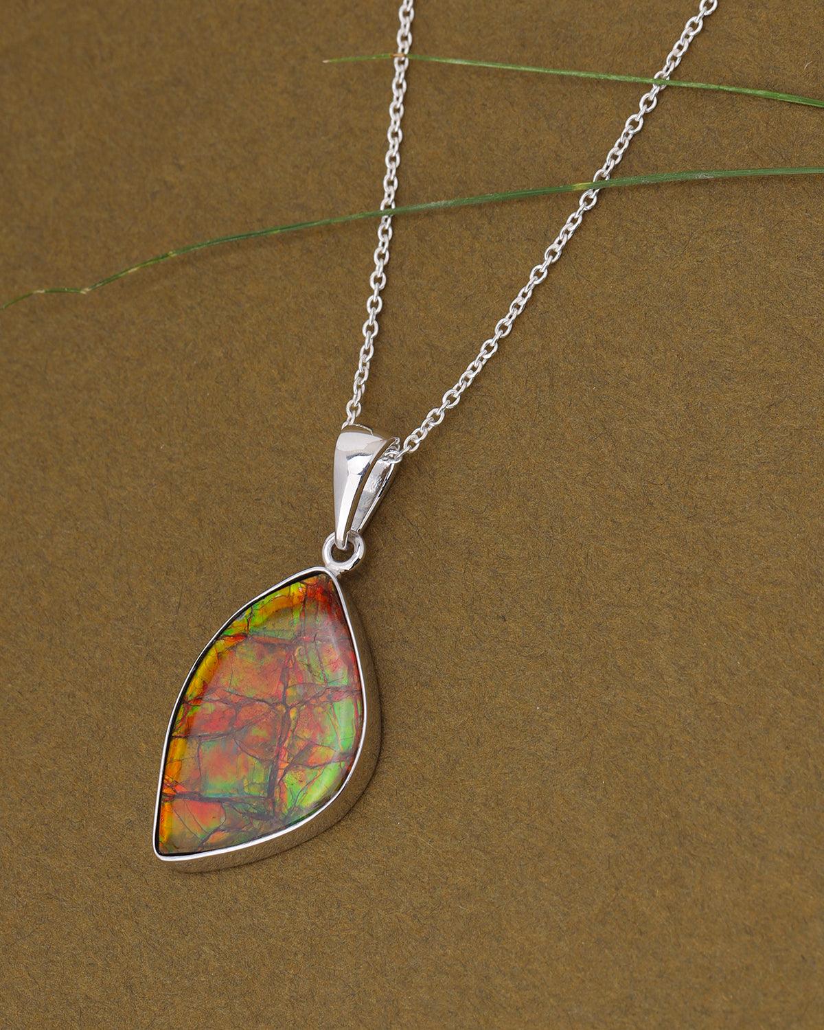 10.90 Ct. Ammolite 925 Sterling Silver Necklace Pendant Jewelry - YoTreasure