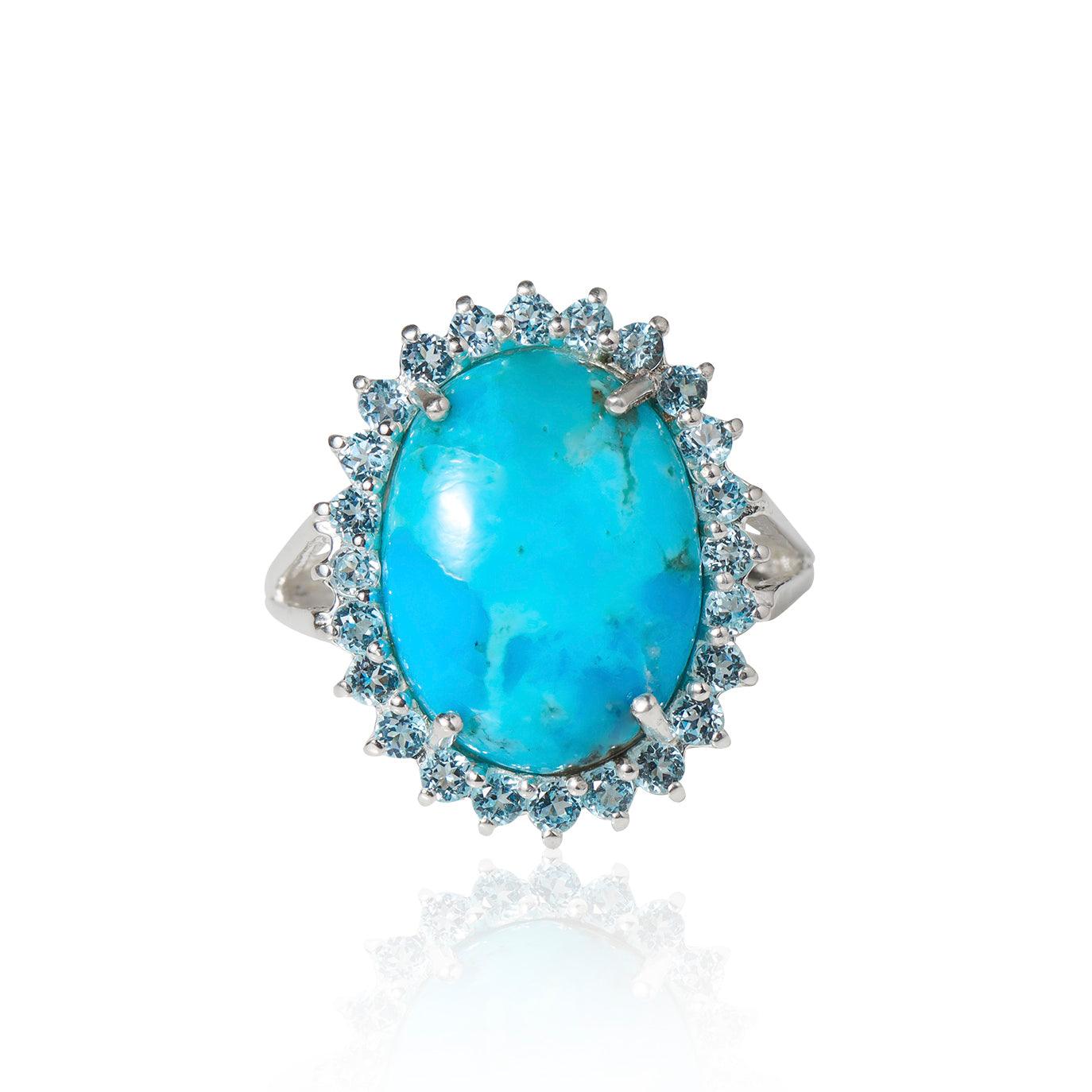 Turquoise & Swiss Blue Topaz 925 Sterling Silver Chunky Ring - YoTreasure