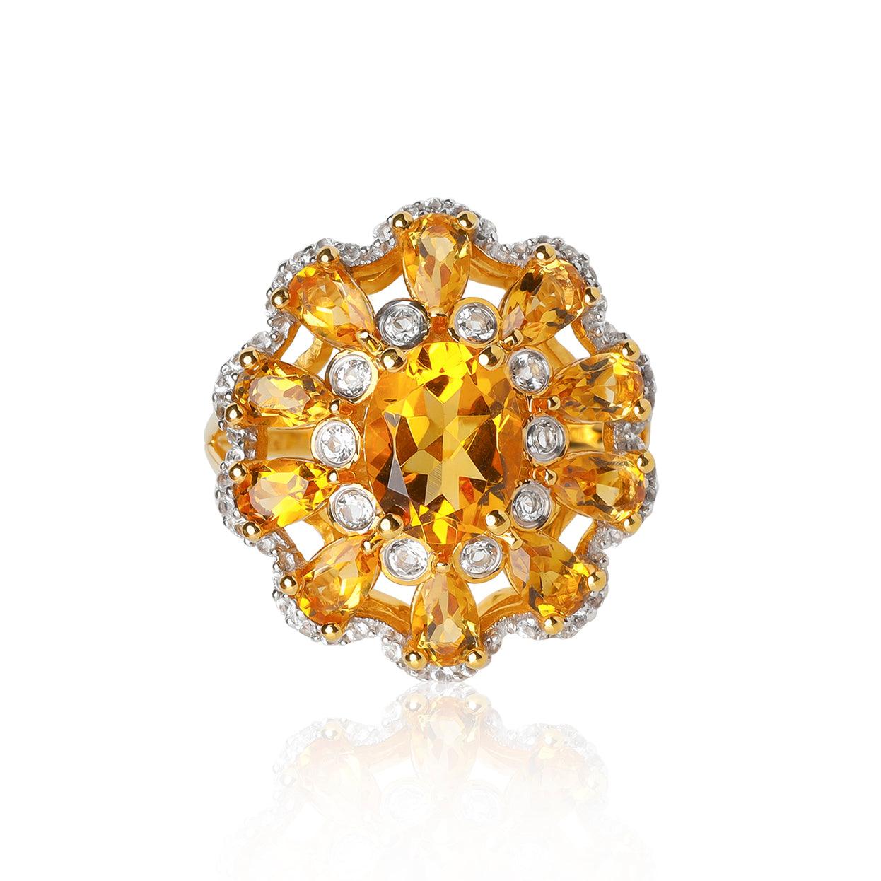 Citrine & White Topaz Yellow Gold Plated 925 Sterling Silver Cluster Ring Jewelry - YoTreasure