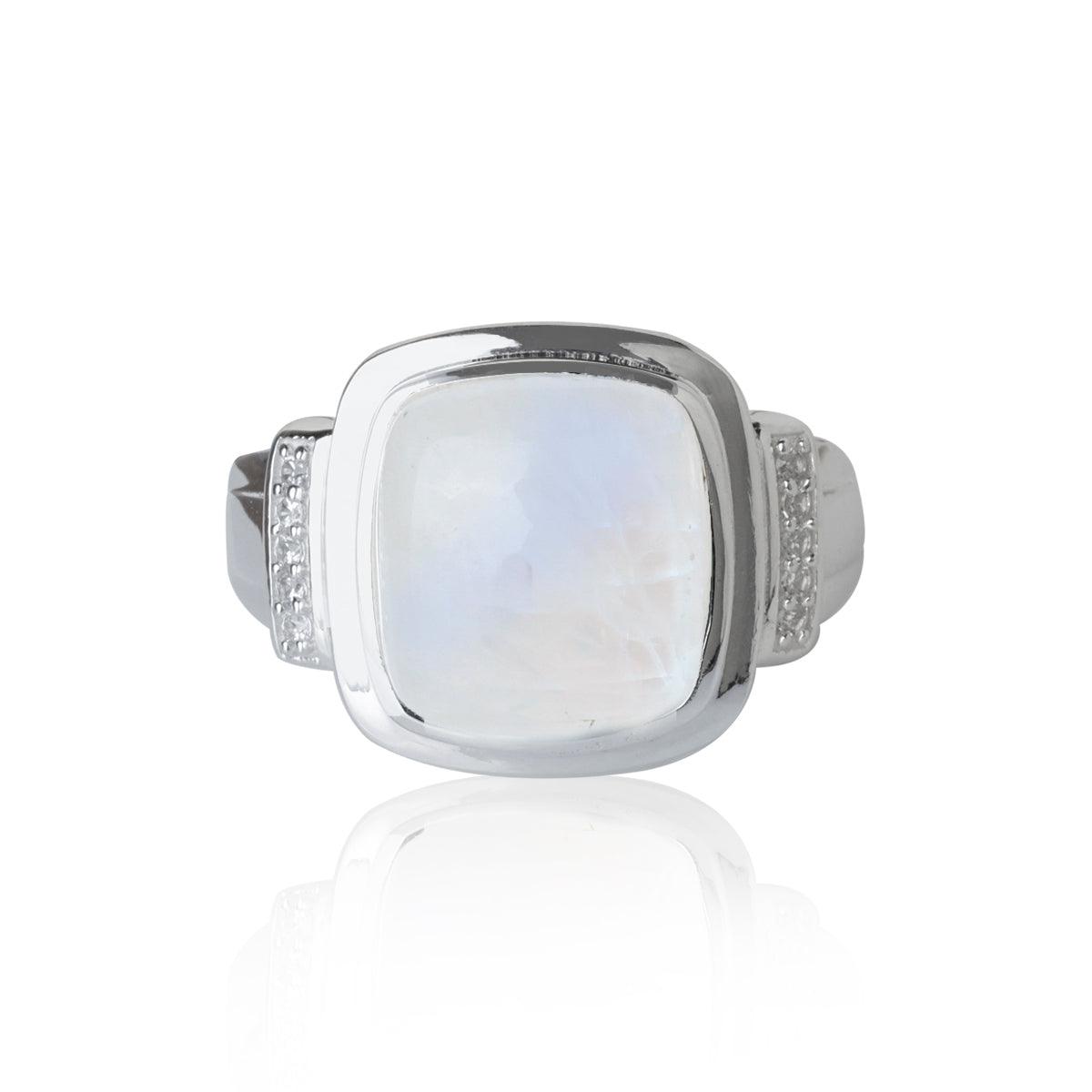 Rainbow Moonstone & White Zircon Ring in 925 Sterling Silver - YoTreasure