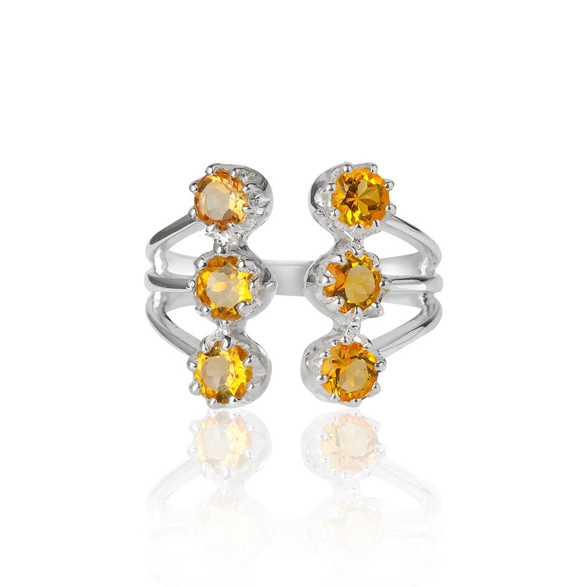 Natural Healing Crystal Citrine 925 Sterling Silver Multi Row Cocktail Ring - YoTreasure