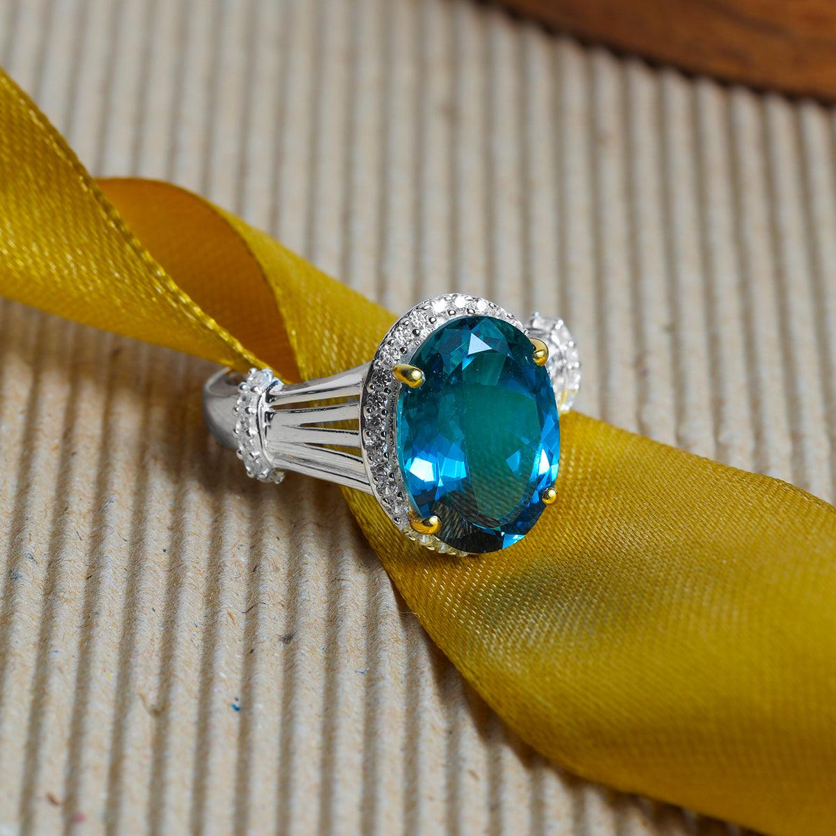 6.44 Ct. London Blue Topaz White Zircon 14K Gold Plated 925 Silver Engagement Ring - YoTreasure