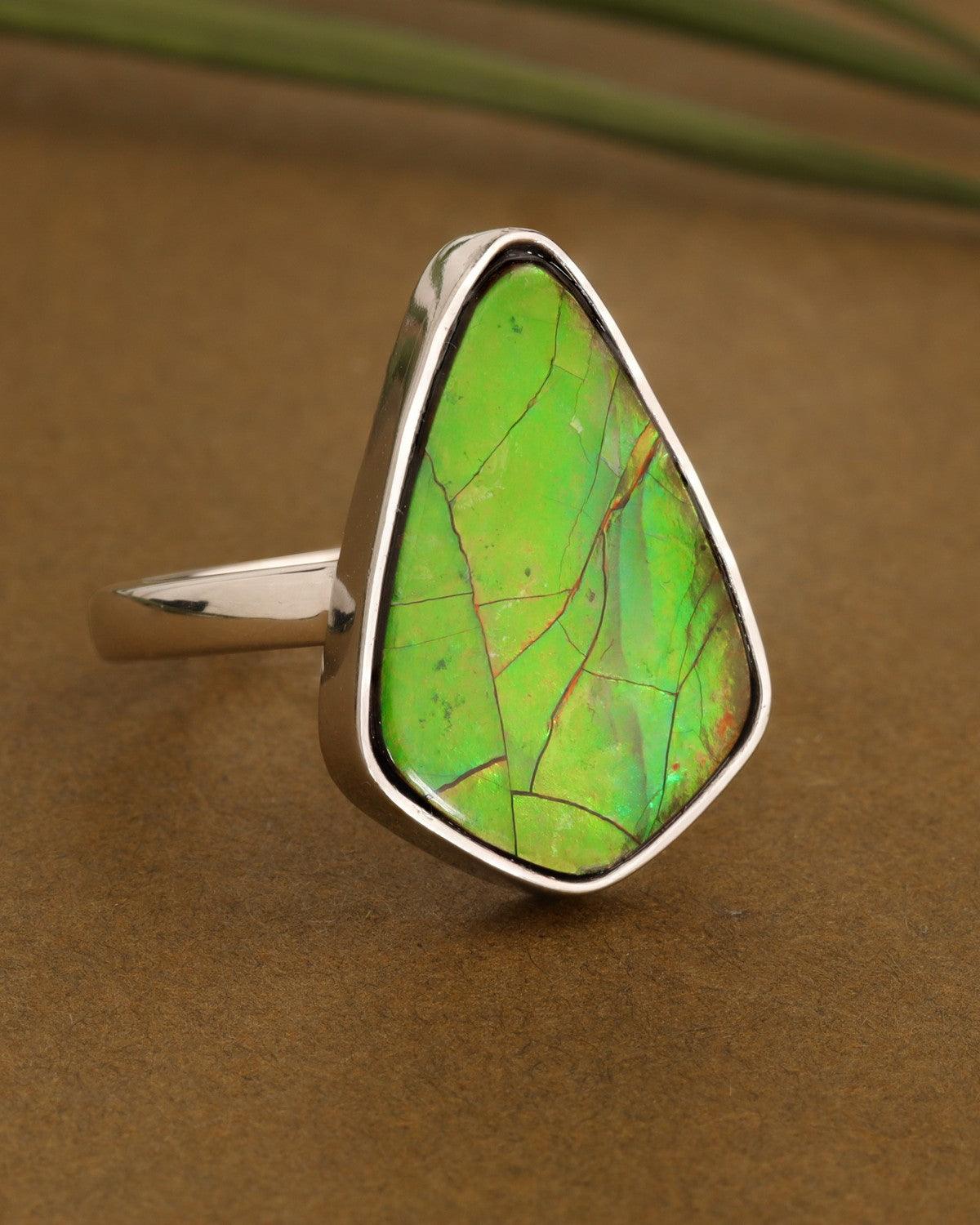 14.15 Ct. Ammolite Ring Solid 925 Sterling Silver Gemstone Jewelry - YoTreasure