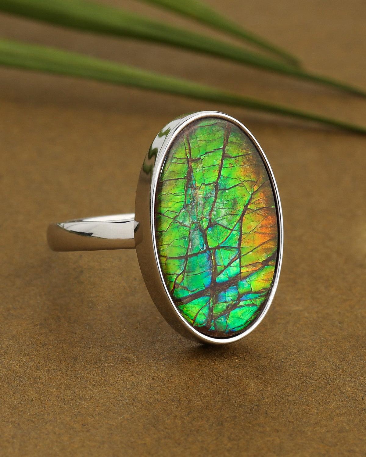 9.45 Ct. Ammolite Statement Ring Solid 925 Sterling Silver Gemstone Jewelry - YoTreasure