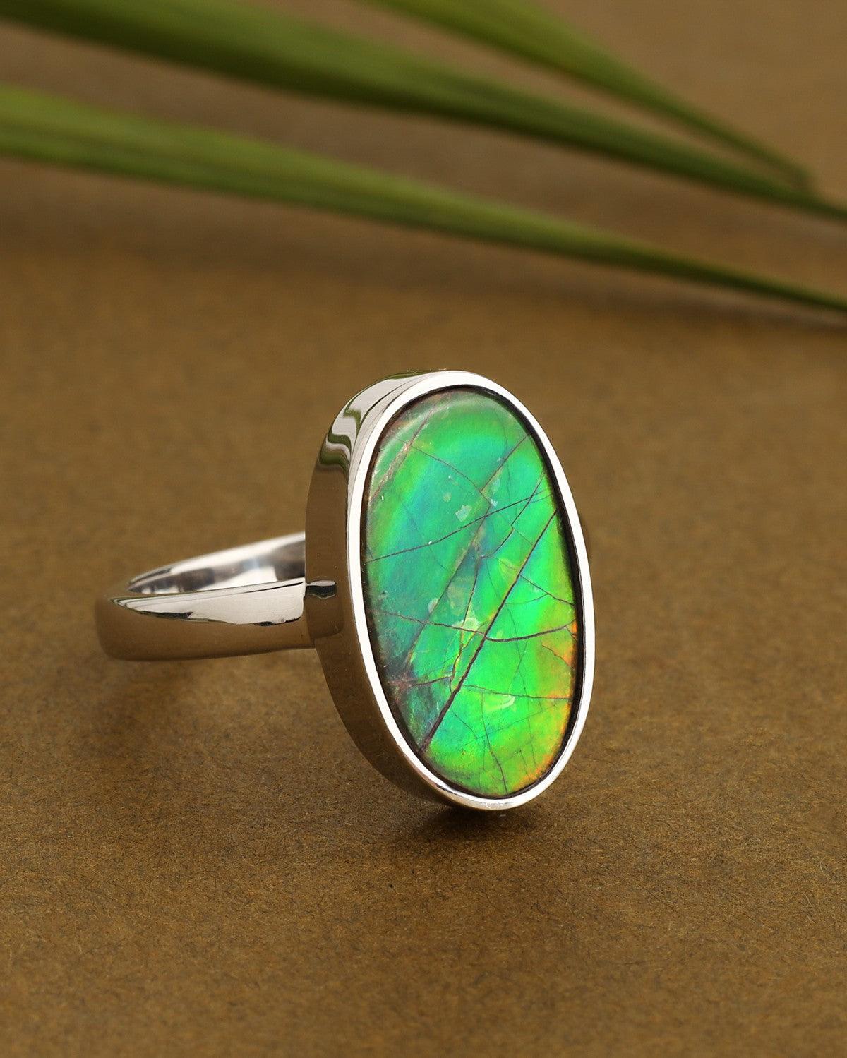 5.70 Ct. Ammolite Ring Solid 925 Sterling Silver Jewelry - YoTreasure