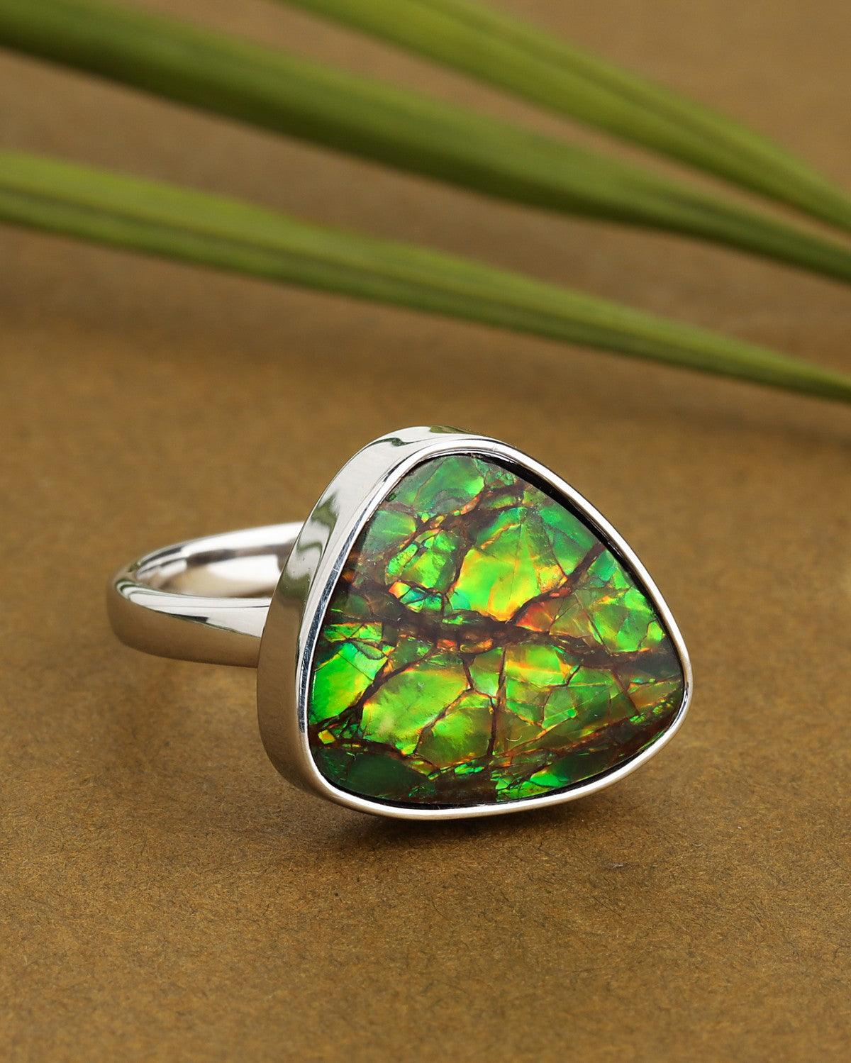 9.95 Ct. Ammolite Ring Solid 925 Sterling Silver Gemstone Jewelry - YoTreasure