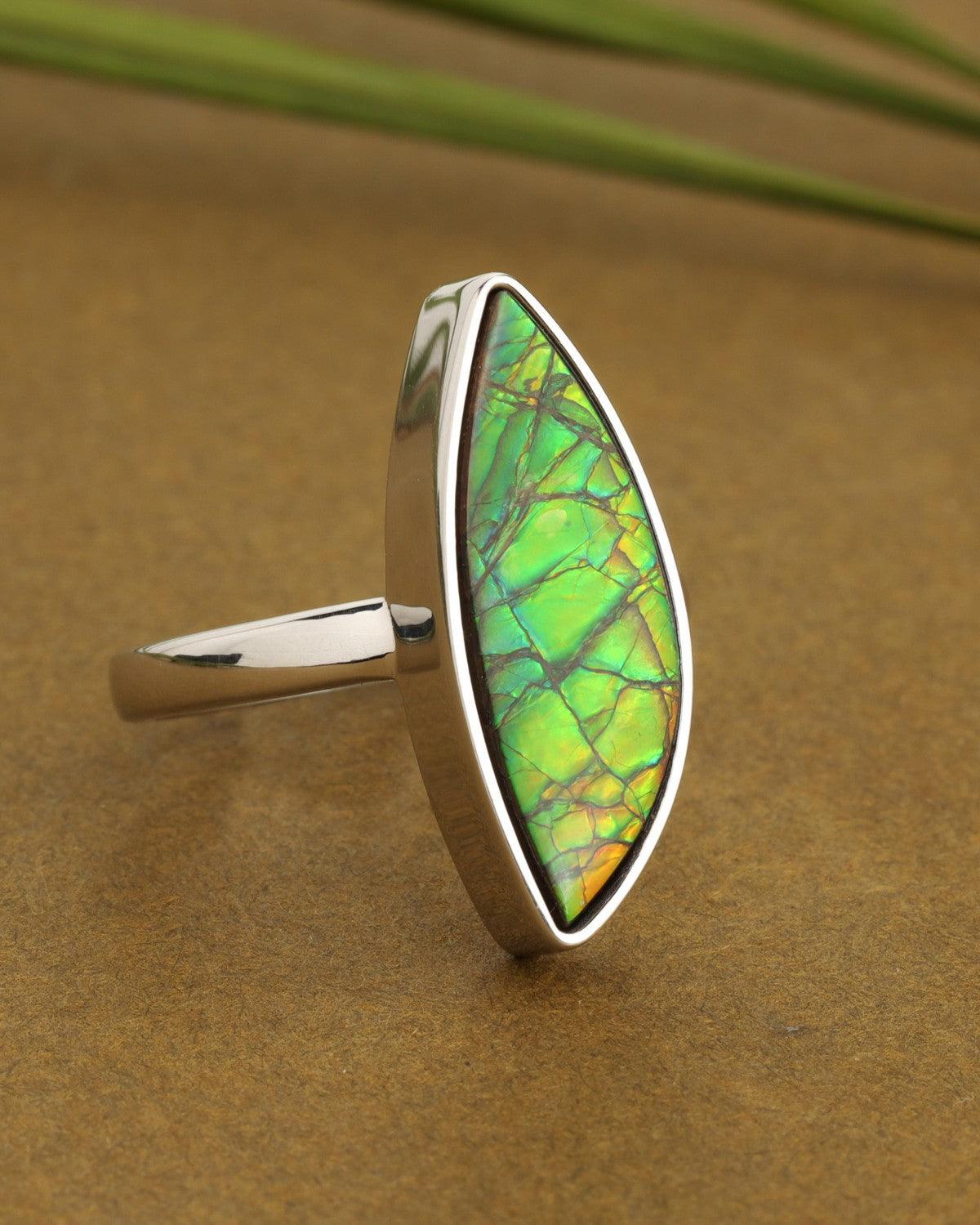 6.75 Ct. Ammolite Ring Solid 925 Sterling Silver Gemstone Jewelry - YoTreasure