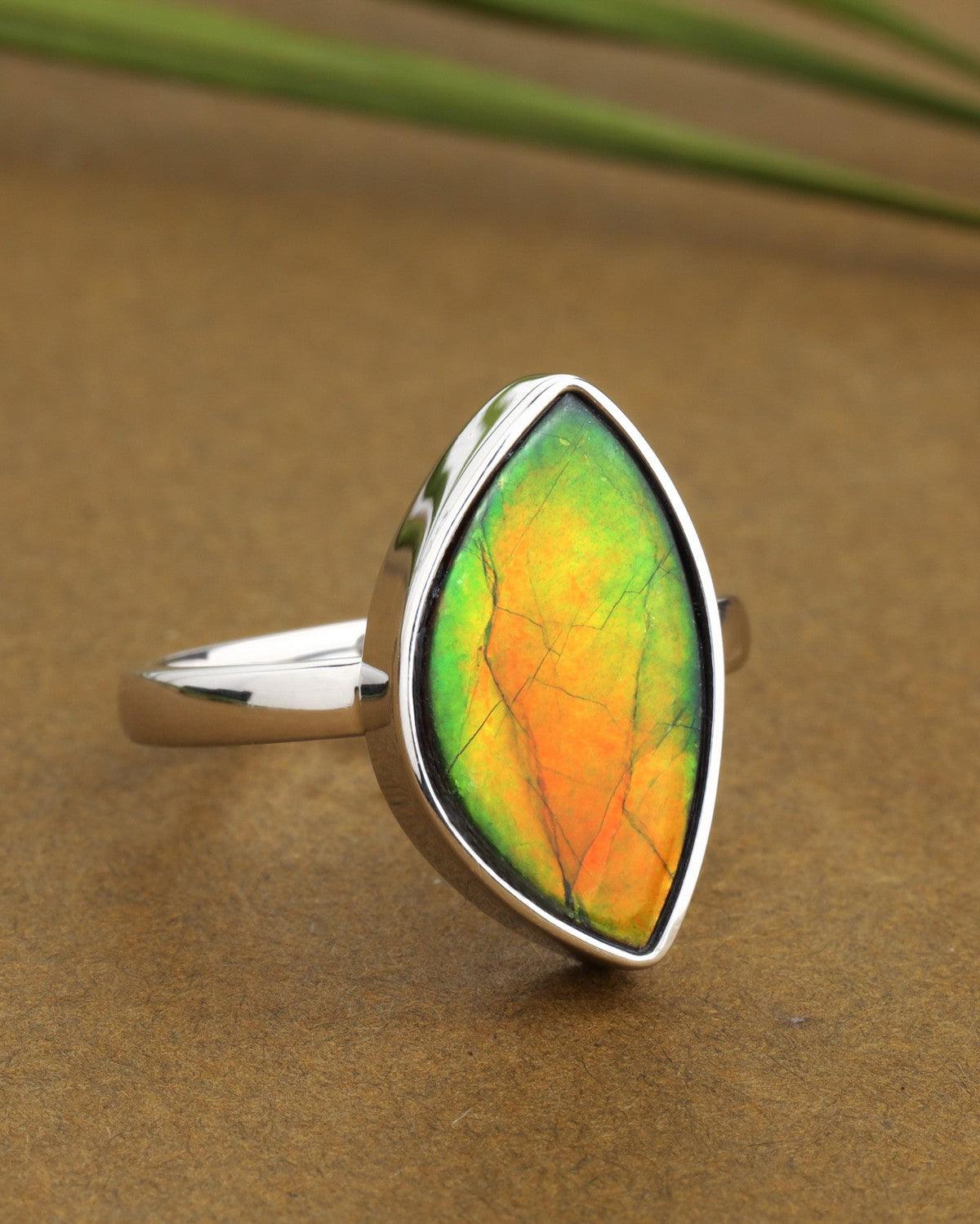 8.55 Ct. Ammolite Ring Solid 925 Sterling Silver Gemstone Jewelry - YoTreasure