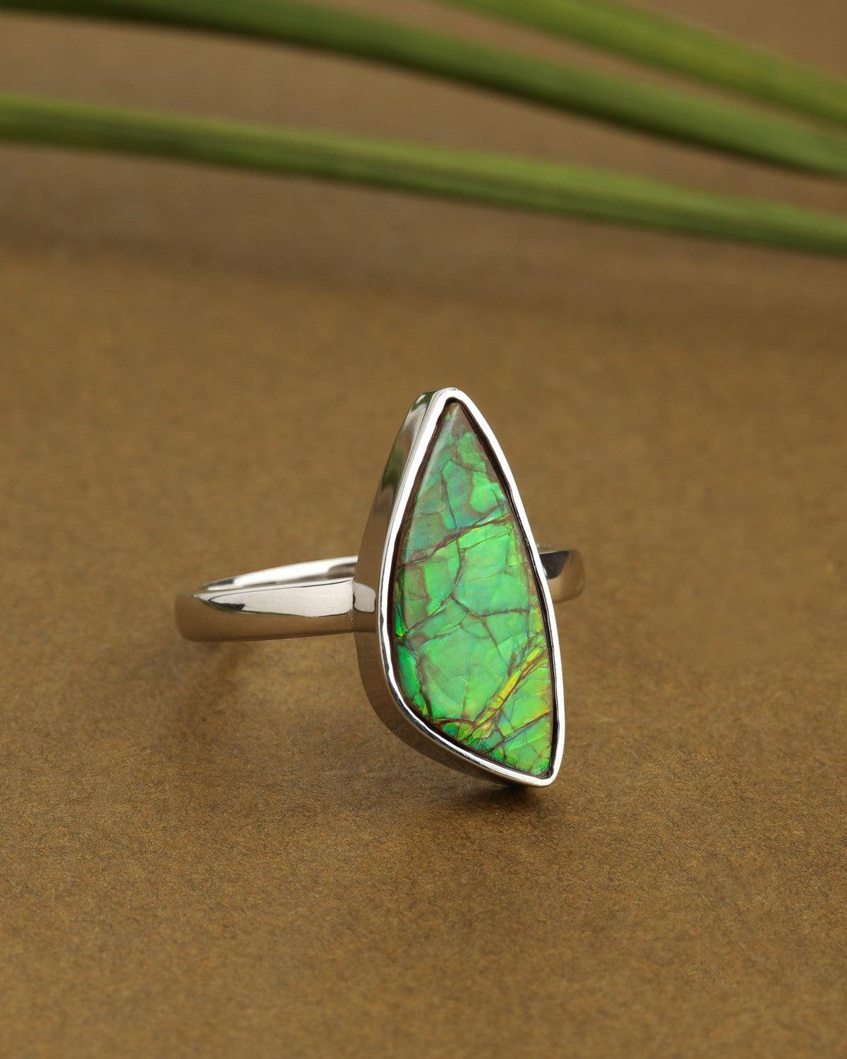 4.55 Ct. Ammolite Ring Solid 925 Sterling Silver Gemstone Jewelry - YoTreasure