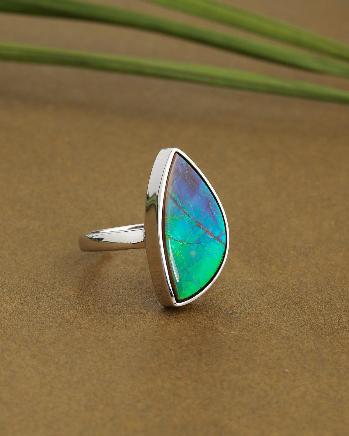 7.55 Ct. Ammolite Ring Solid 925 Sterling Silver Gemstone Jewelry - YoTreasure