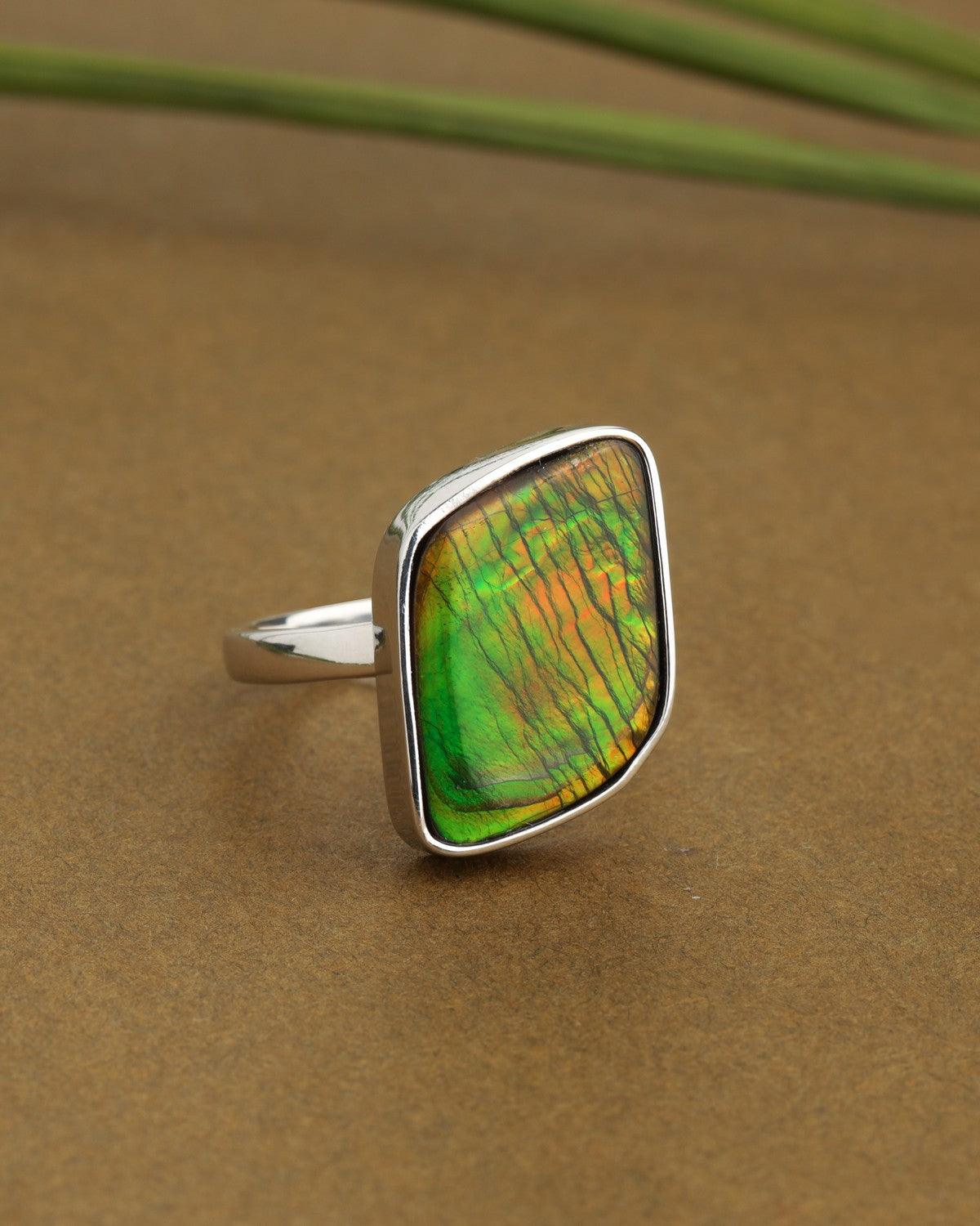 11.25 Ct. Ammolite Ring Solid 925 Sterling Silver Jewelry - YoTreasure