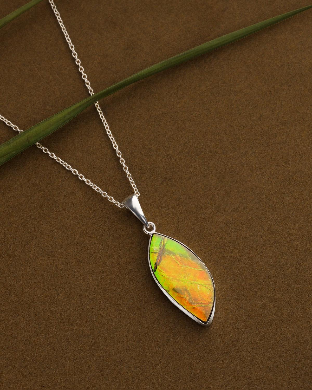 14.40 Ct. Ammolite Solid 925 Sterling Silver Chain Necklace Pendant - YoTreasure