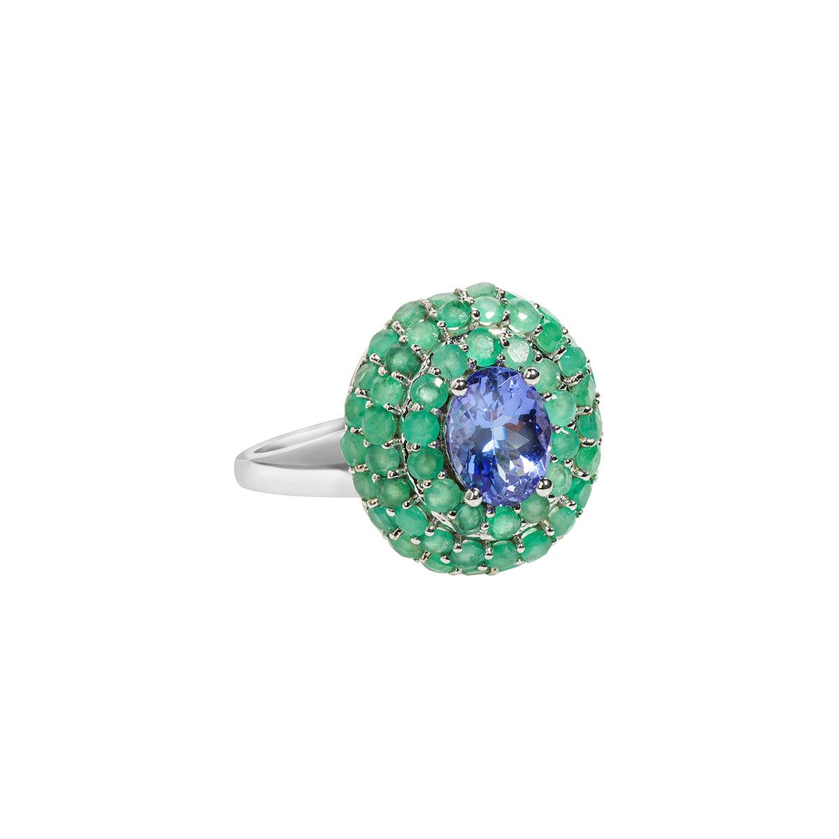 2.76 Ct. Tanzanite Zambian Emerald Chunky Ring 14K White Gold Jewelry - YoTreasure