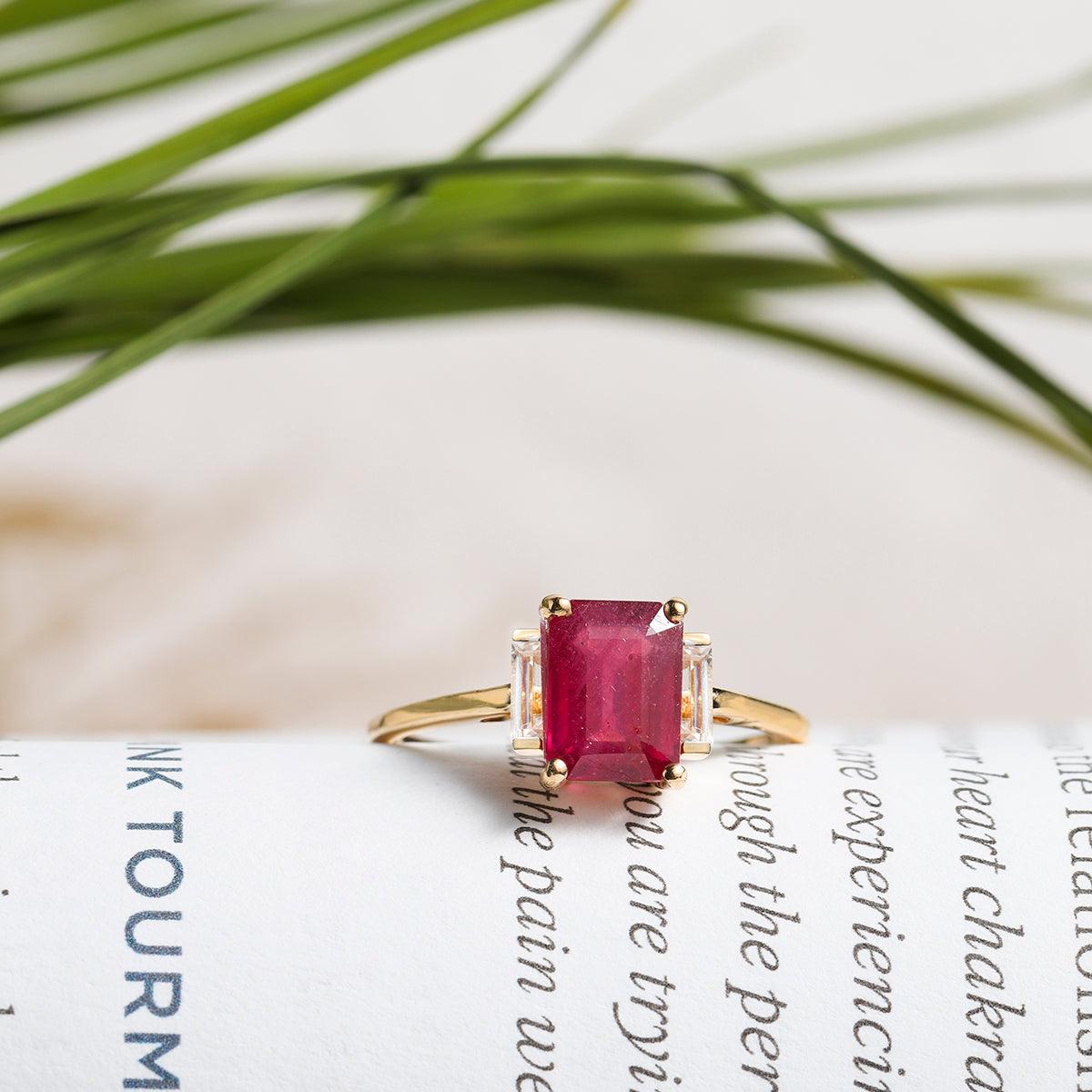 2.07 Ct. Glass Filled Ruby White Topaz Ring 14K Yellow Gold Jewelry - YoTreasure