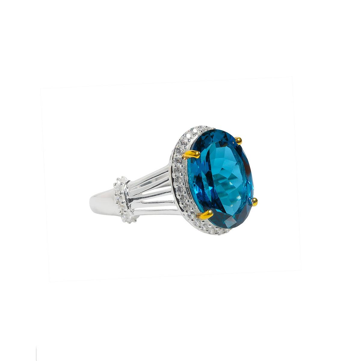 6.44 Ct. London Blue Topaz White Zircon 14K Gold Plated 925 Silver Engagement Ring - YoTreasure