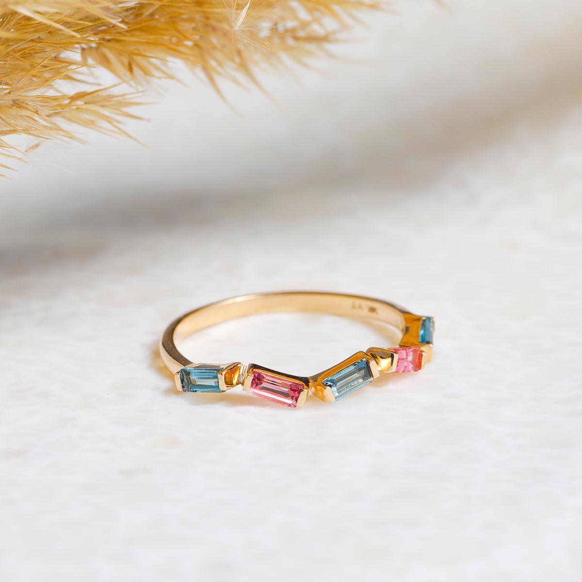 0.69 Ct. London Blue Topaz Pink Tourmaline 14K Yellow Gold Band Ring - YoTreasure