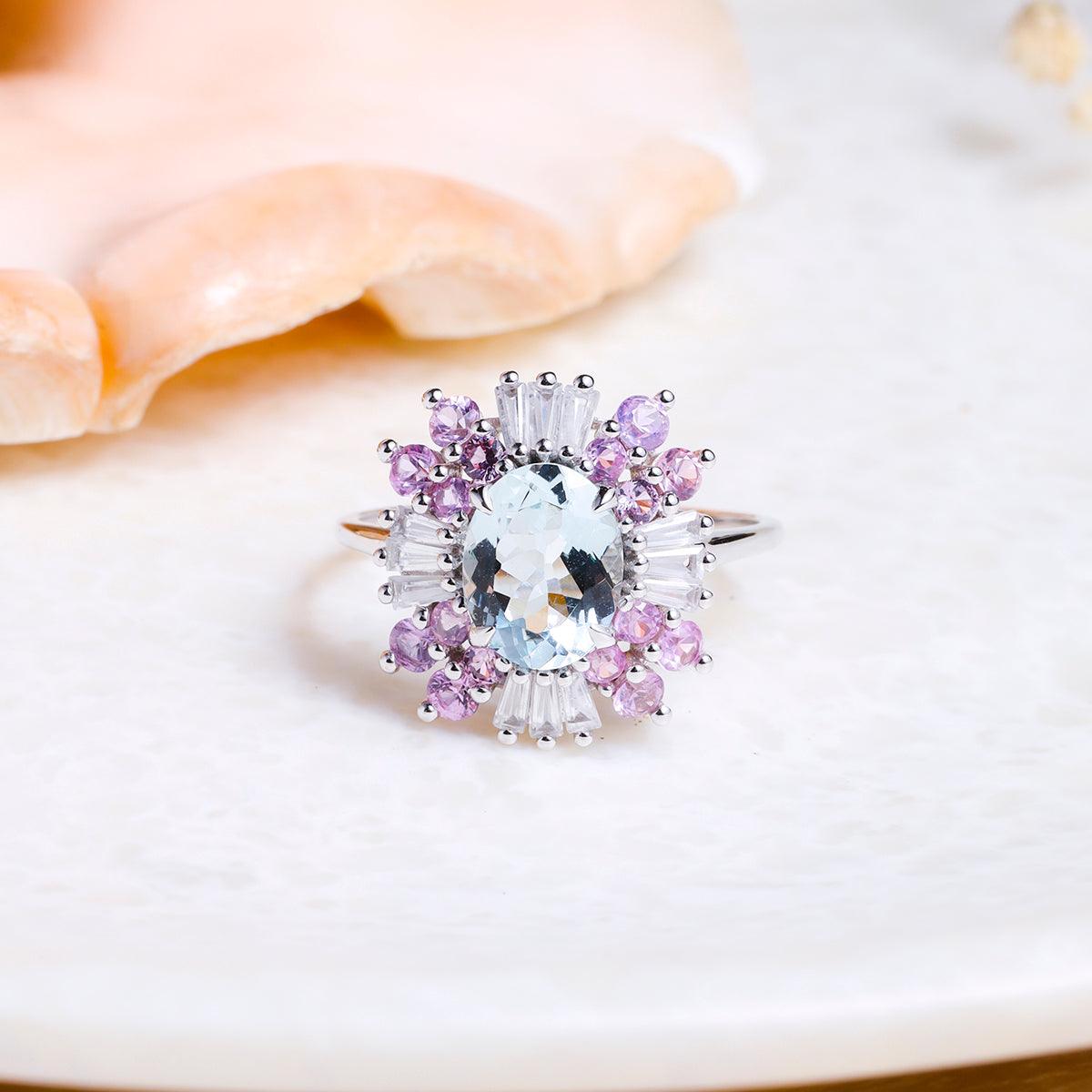 2.74 Ct. Aquamarine White Zircon Pink Sapphire 14K White Gold Engagement Ring - YoTreasure