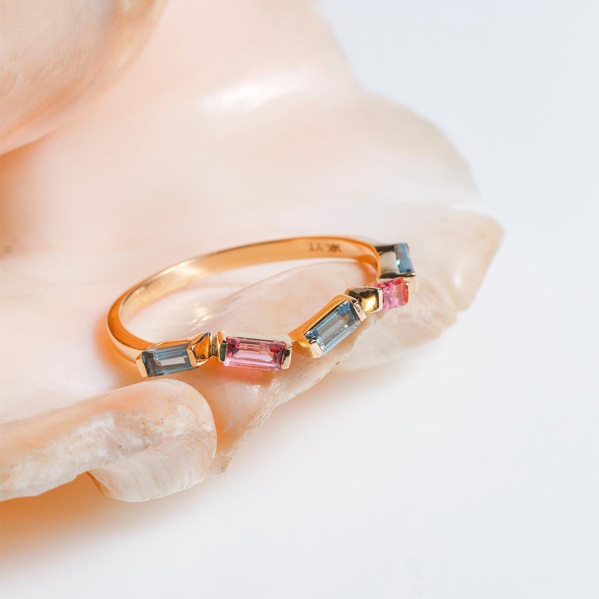 0.69 Ct. London Blue Topaz Pink Tourmaline 14K Yellow Gold Band Ring - YoTreasure