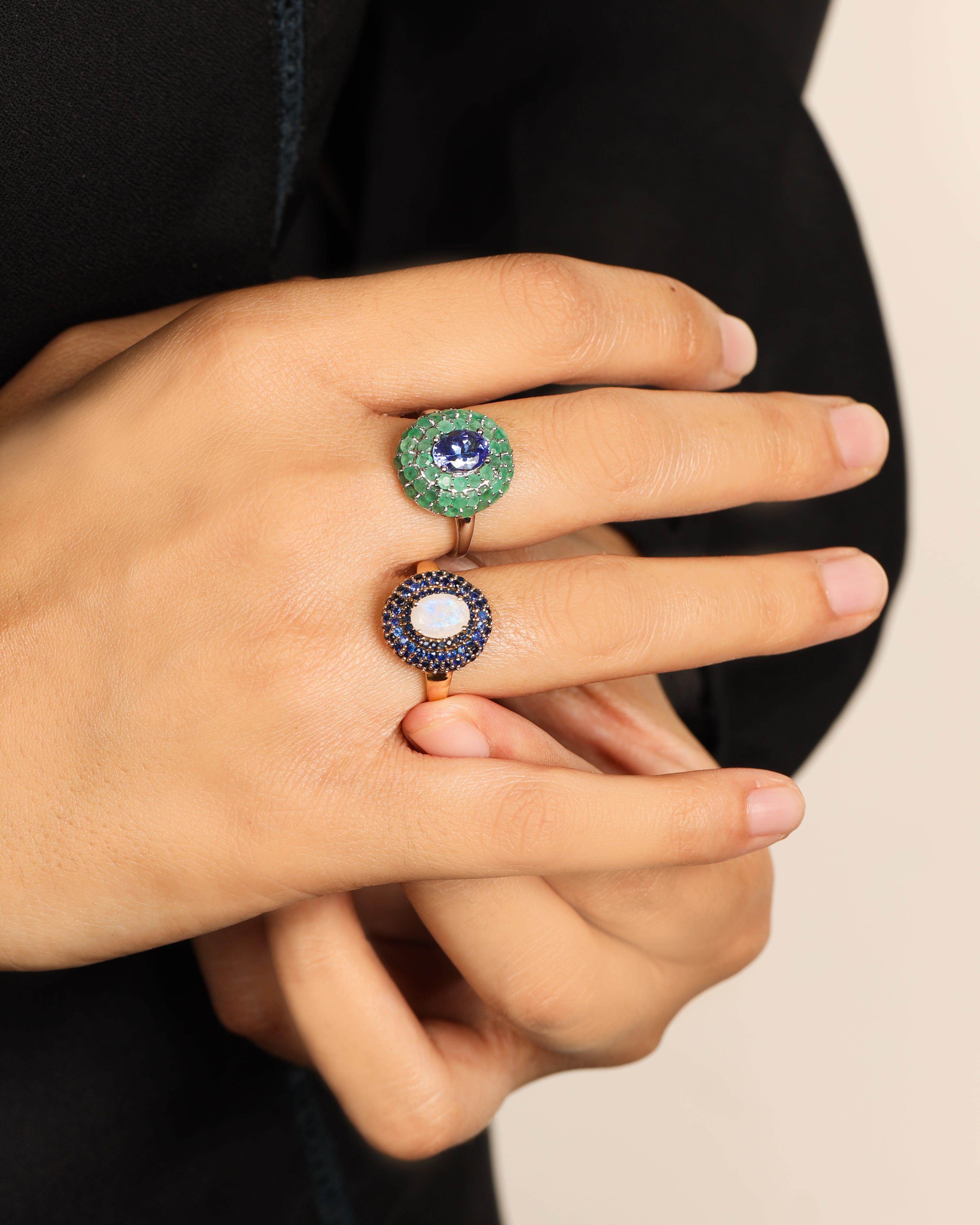 2.76 Ct. Tanzanite Zambian Emerald Chunky Ring 14K White Gold Jewelry - YoTreasure