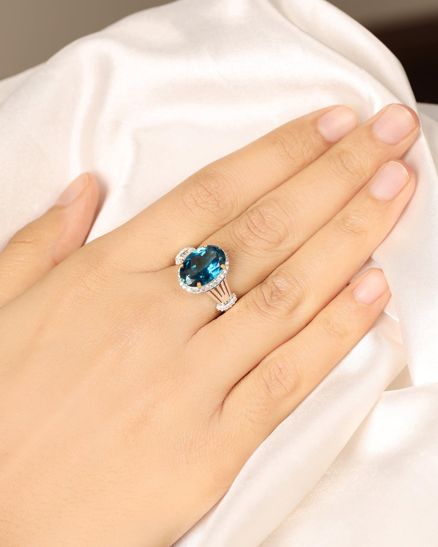 6.44 Ct. London Blue Topaz White Zircon 14K Gold Plated 925 Silver Engagement Ring - YoTreasure