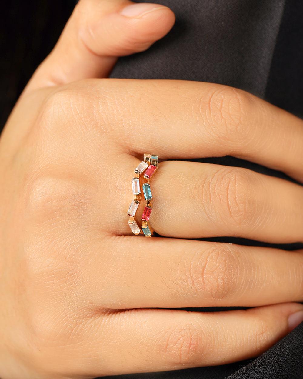 0.69 Ct. London Blue Topaz Pink Tourmaline 14K Yellow Gold Band Ring - YoTreasure