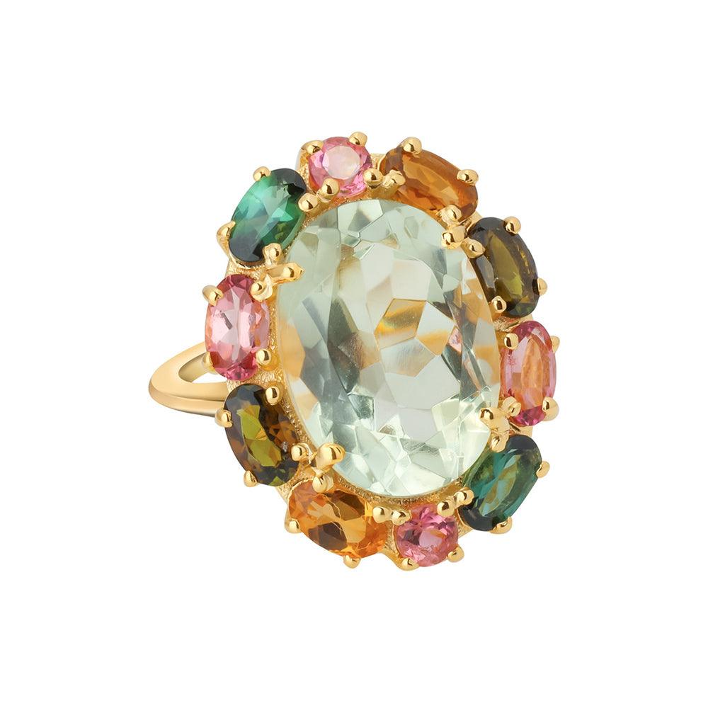 Green Amethyst Tourmaline 14K Gold Plated Over 925 Silver Cluster Ring - YoTreasure