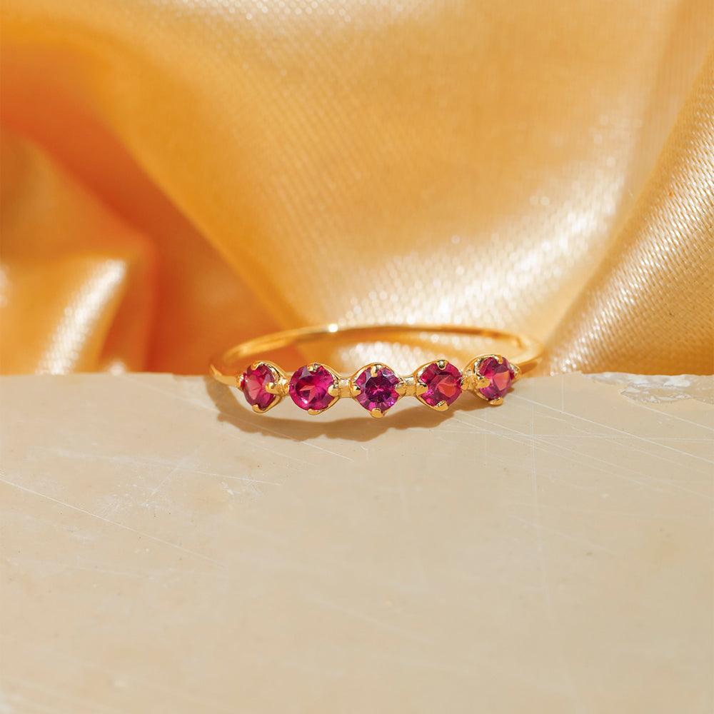 Rhodolite Garnet Solid 14K Yellow Gold 5-Stone Wedding Band Ring Jewelry - YoTreasure