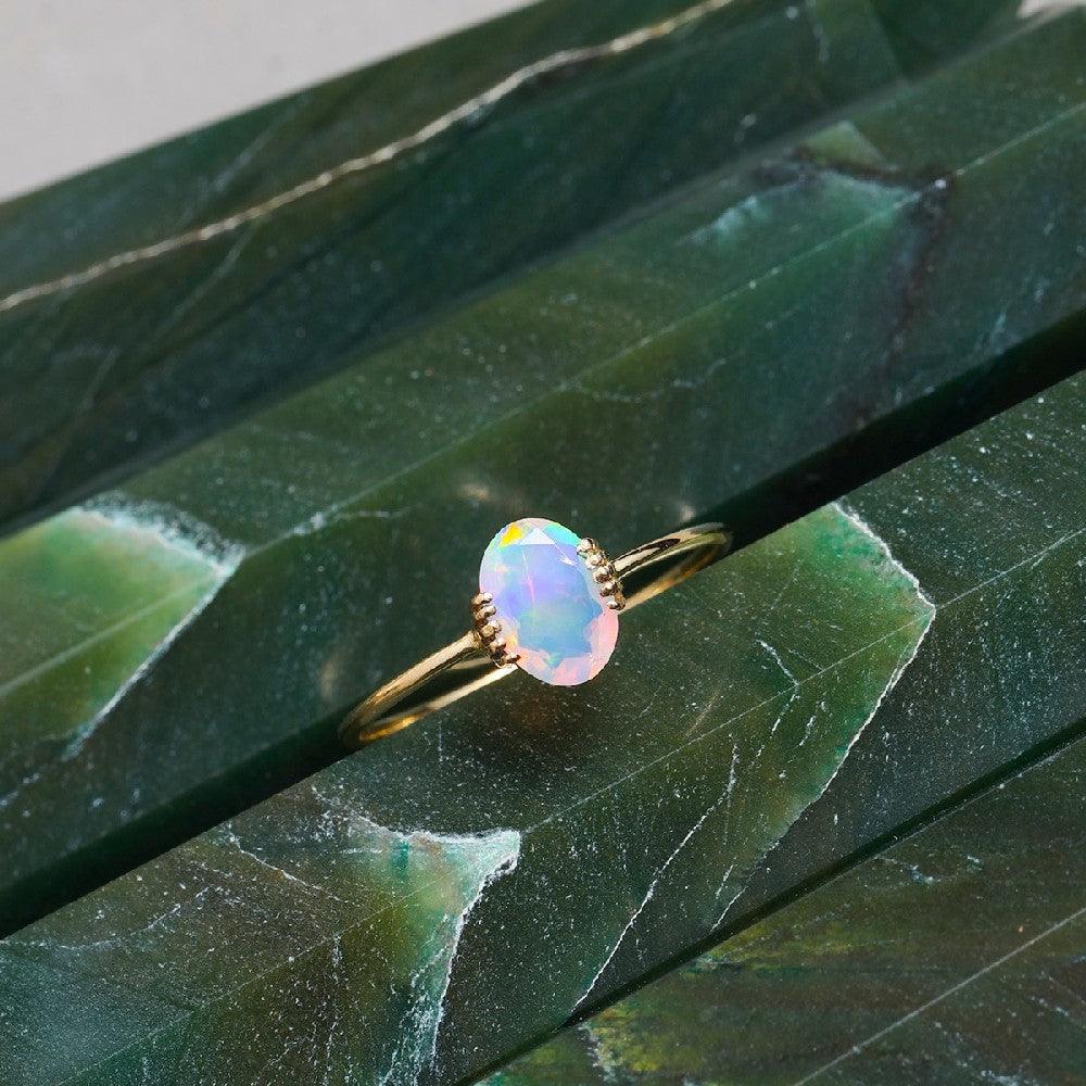Ethiopian Opal Solitaire Ring 14K Yellow Gold Women Jewelry - YoTreasure