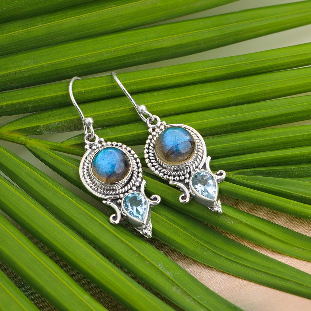 labradorite Blue Topaz Dangle Earrings 925 Sterling Silver Gemstone Jewelry - YoTreasure
