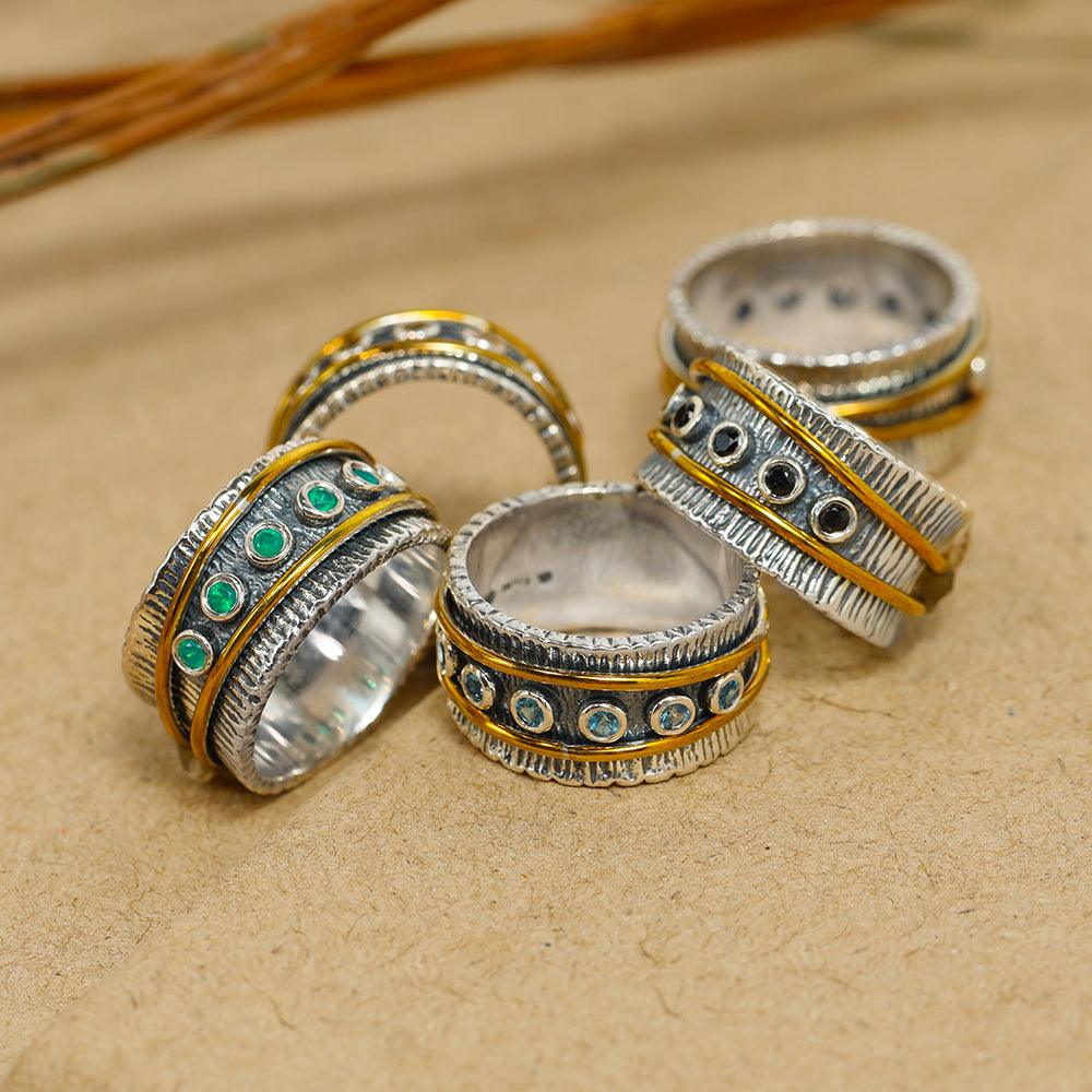 YoTreasure 2MM Oxidized Black Onyx Solid 925 Sterling Silver Brass Antique Spinner Ring - YoTreasure