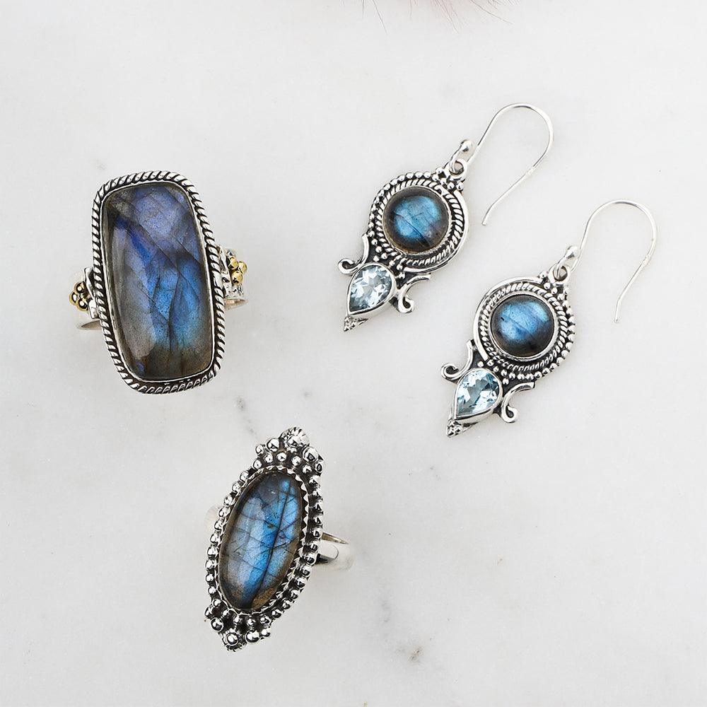 labradorite Blue Topaz Dangle Earrings 925 Sterling Silver Gemstone Jewelry - YoTreasure