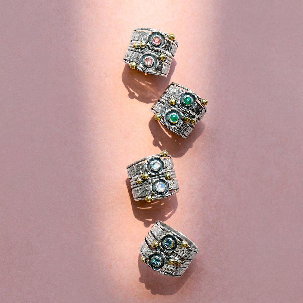 YoTreasure 3 MM Moonstone 925 Sterling Silver Brass Wide Band Statement Ring - YoTreasure