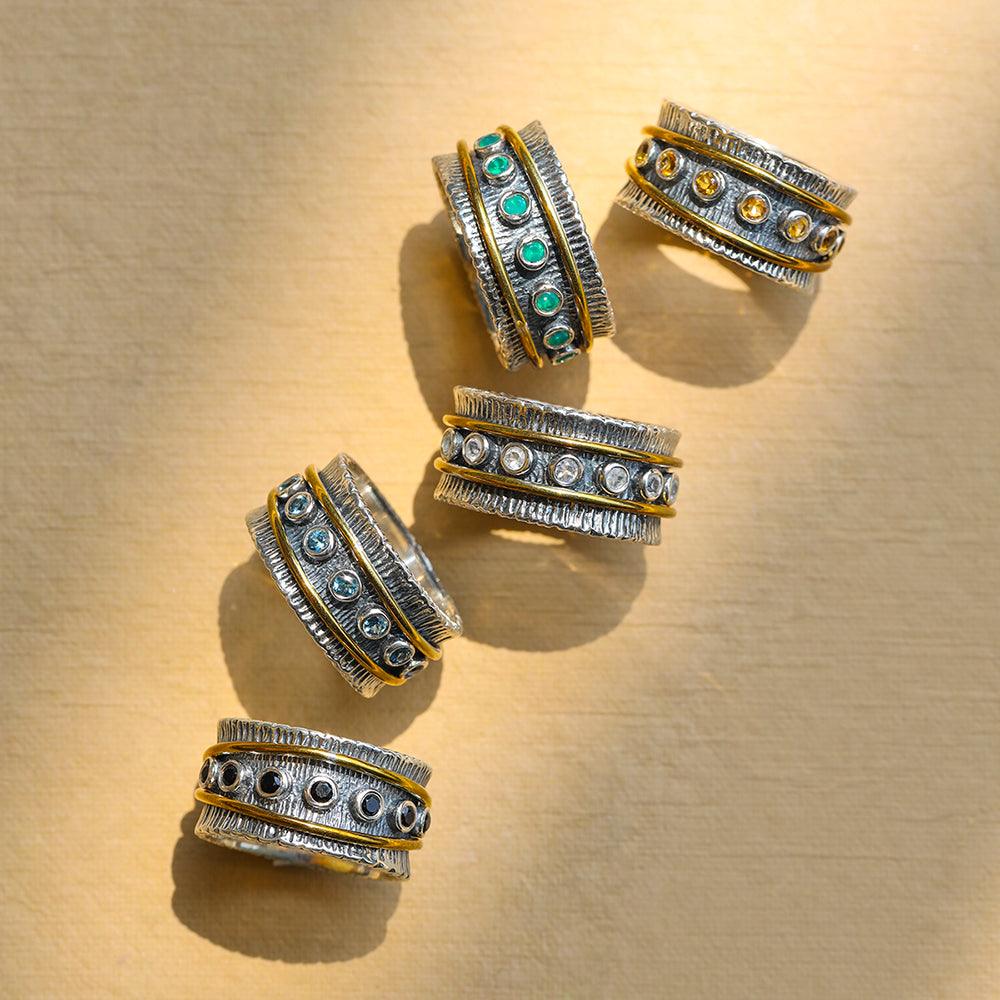 YoTreasure 2MM Oxidized Black Onyx Solid 925 Sterling Silver Brass Antique Spinner Ring - YoTreasure