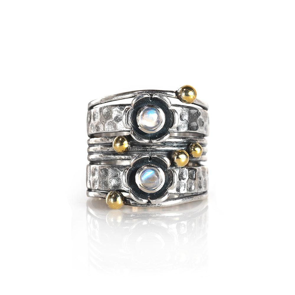 YoTreasure 3 MM Moonstone 925 Sterling Silver Brass Wide Band Statement Ring - YoTreasure