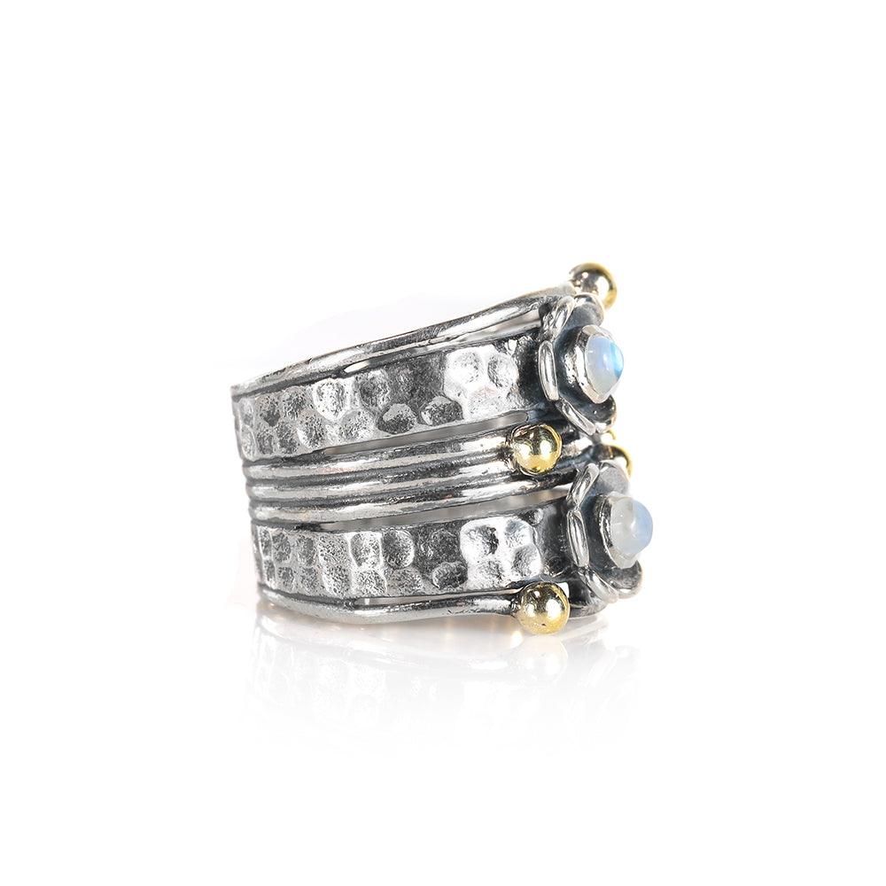 YoTreasure 3 MM Moonstone 925 Sterling Silver Brass Wide Band Statement Ring - YoTreasure