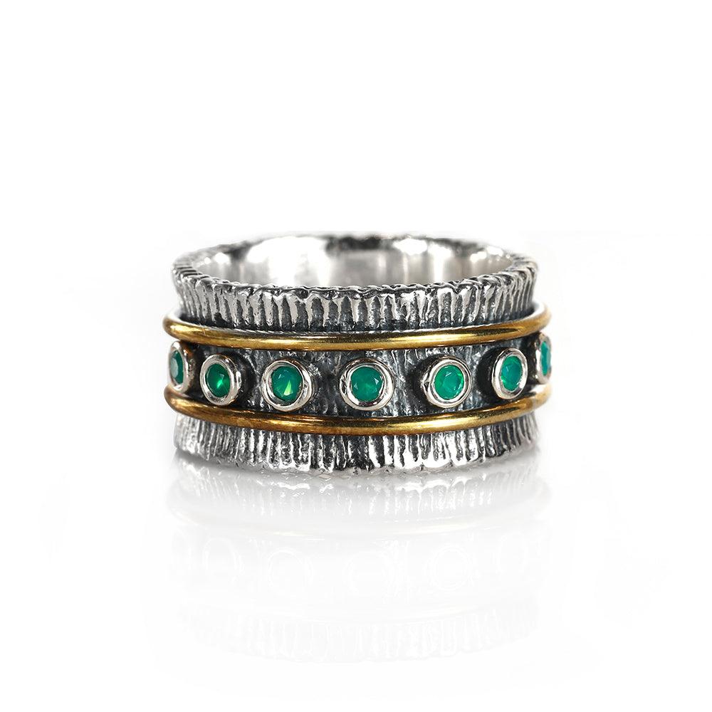 YoTreasure 2MM Oxidized Green Onyx Solid 925 Sterling Silver Brass Antique Spinner Ring - YoTreasure