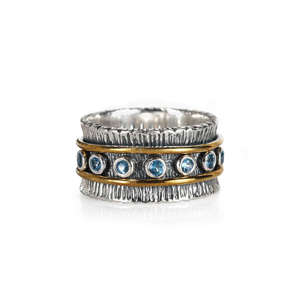 YoTreasure 2MM Oxidized London Blue Topaz Solid 925 Sterling Silver Brass Antique Spinner Ring - YoTreasure