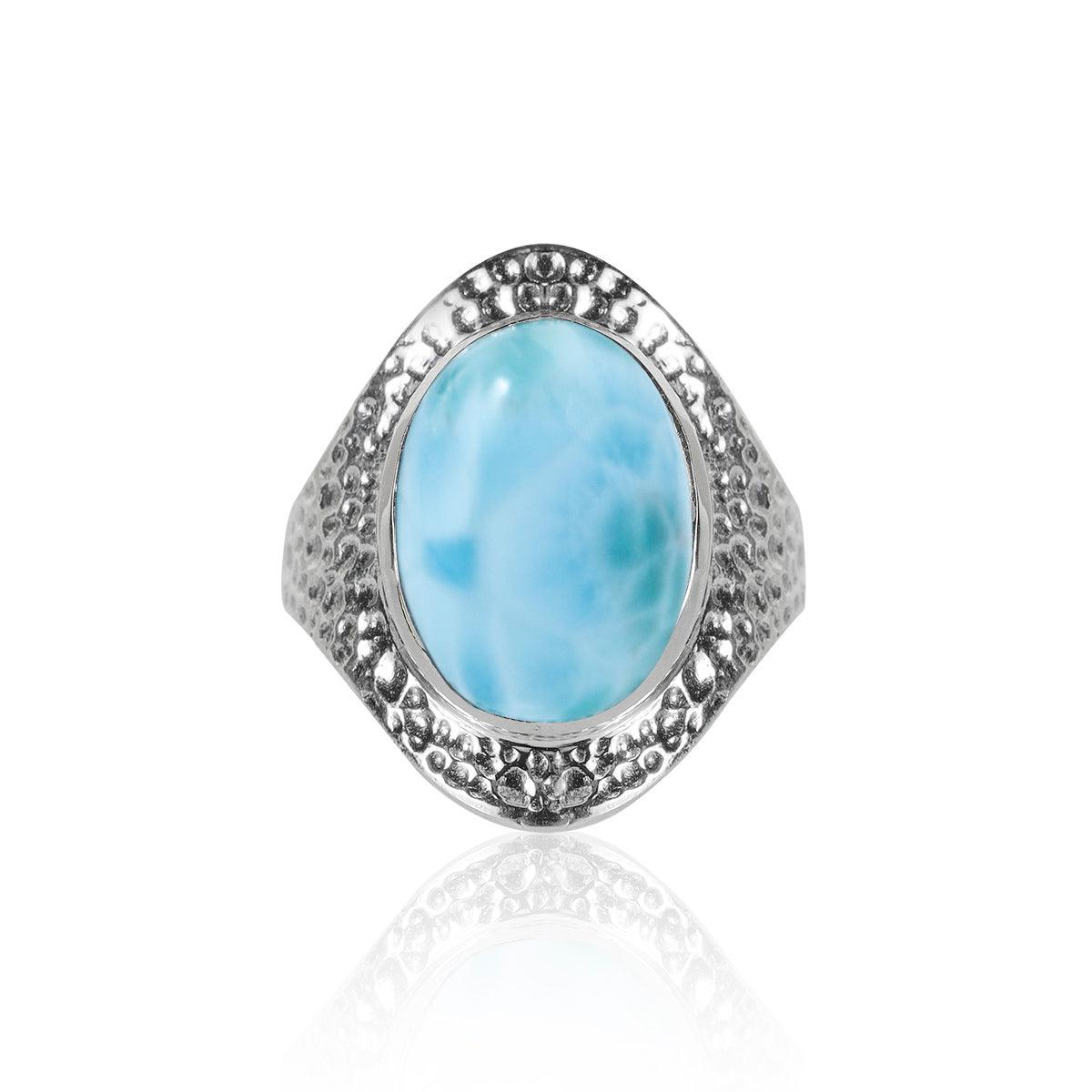 YoTreasure 12x16 MM Larimar 925 Sterling Silver Hammered Bold Ring - YoTreasure