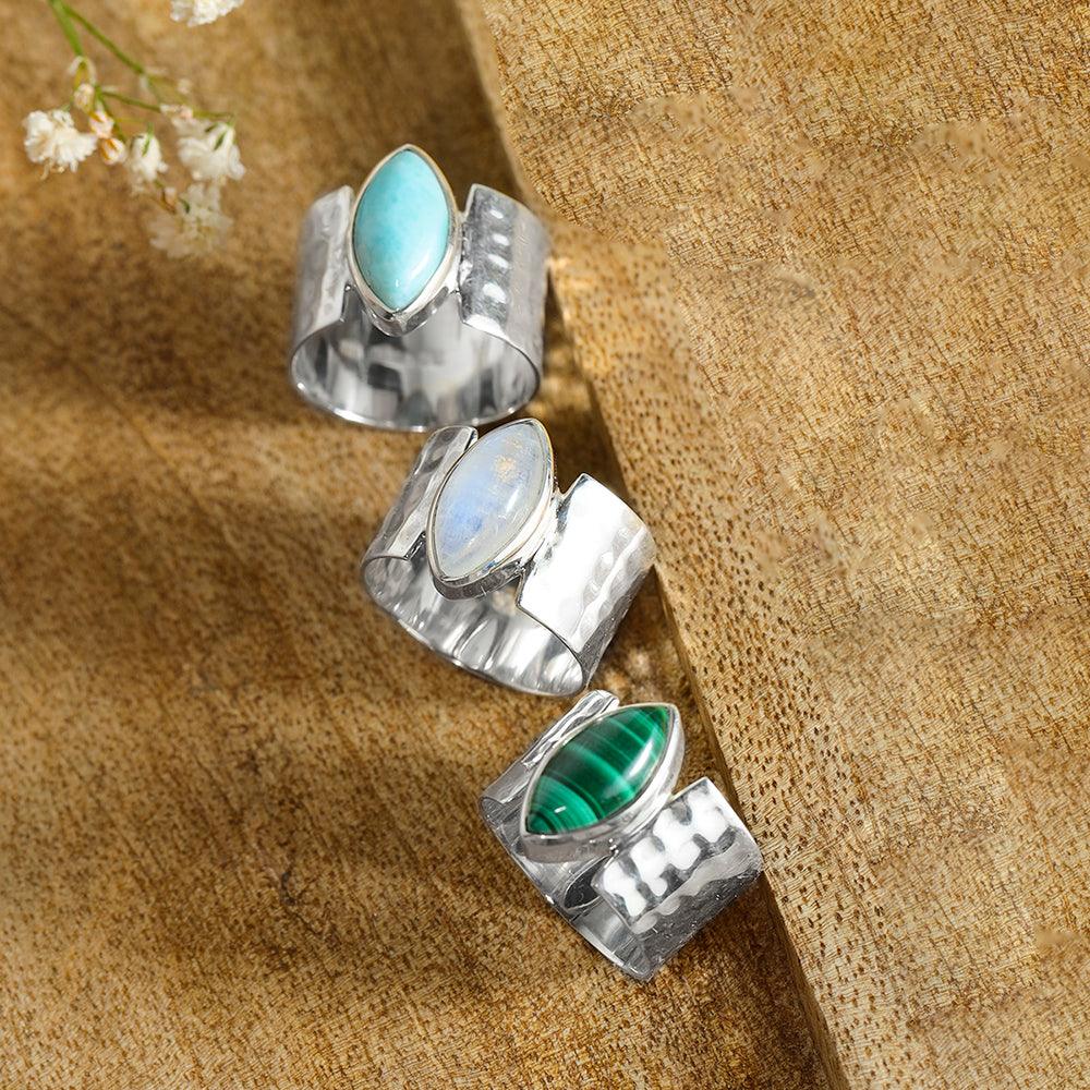 YoTreasure 7x14 MM Larimar 925 Sterling Silver Wide Band Bold Ring - YoTreasure