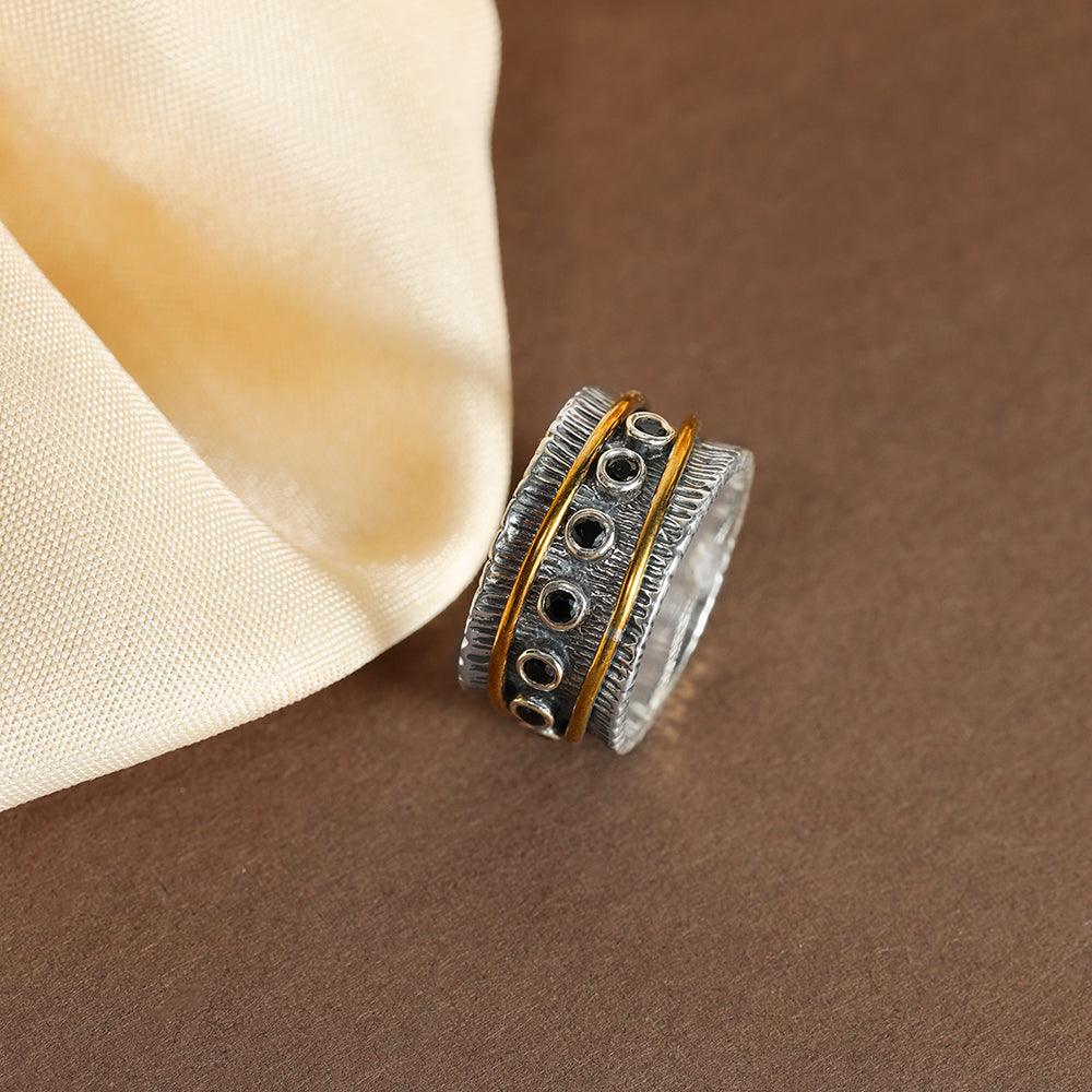 YoTreasure 2MM Oxidized Black Onyx Solid 925 Sterling Silver Brass Antique Spinner Ring - YoTreasure