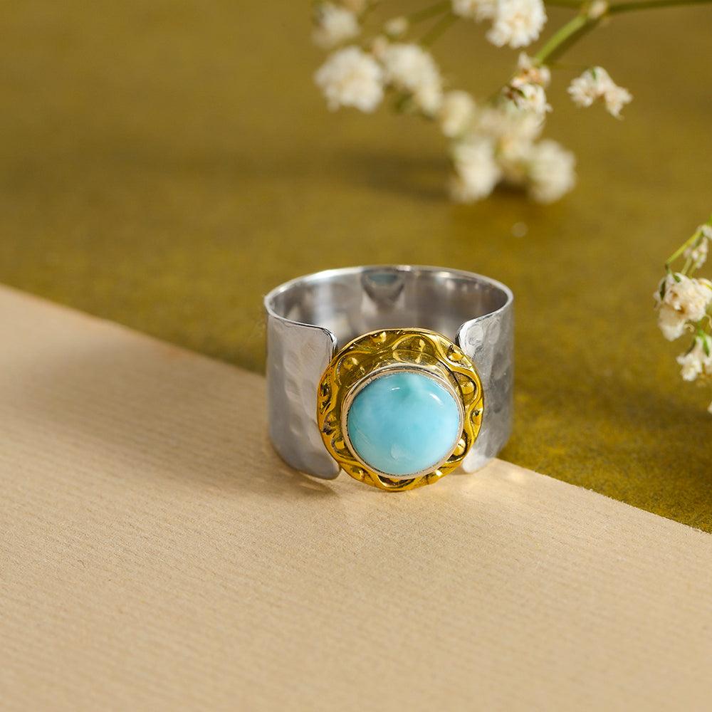 YoTreasure 12 MM Larimar 925 Sterling Silver Brass Wide Band Bold Ring - YoTreasure