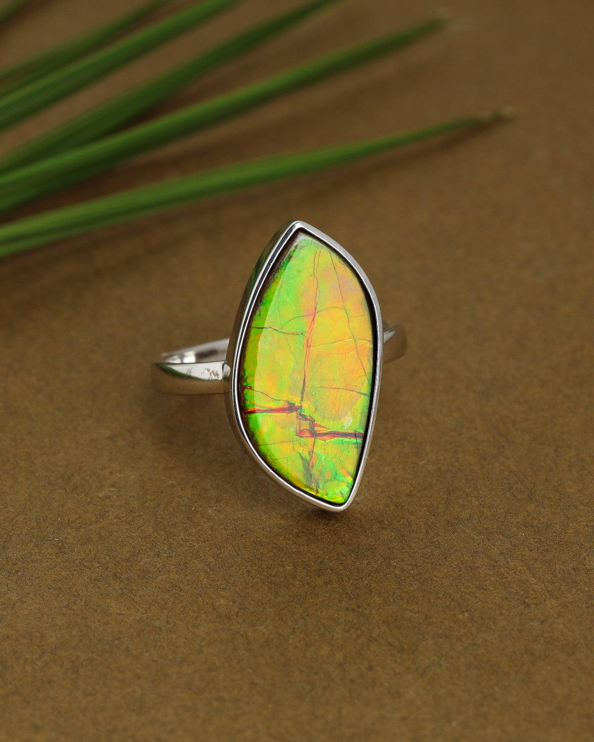 7.75 Ct. Ammolite Ring Solid 925 Sterling Silver Gemstone Jewelry - YoTreasure
