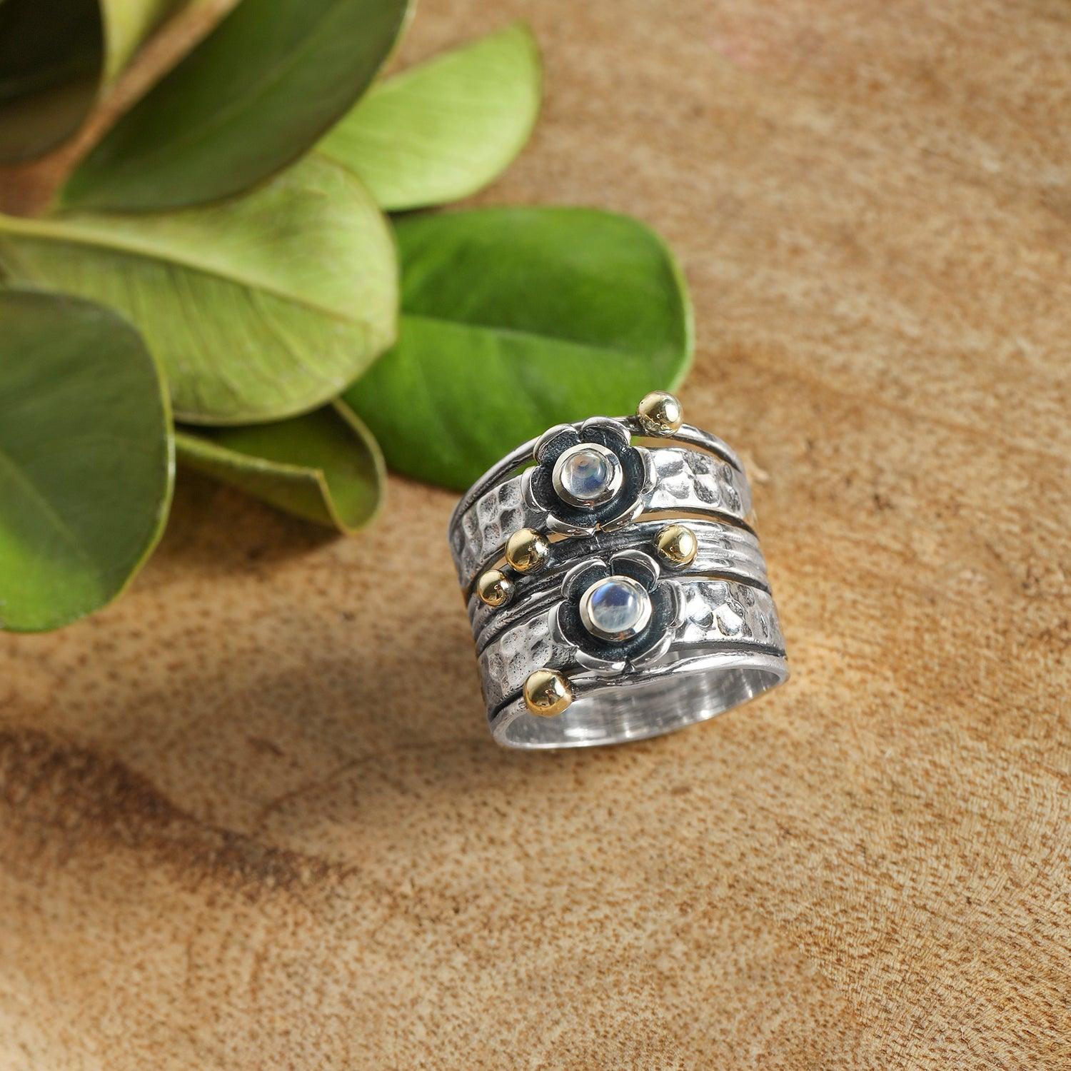 YoTreasure 3 MM Moonstone 925 Sterling Silver Brass Wide Band Statement Ring - YoTreasure