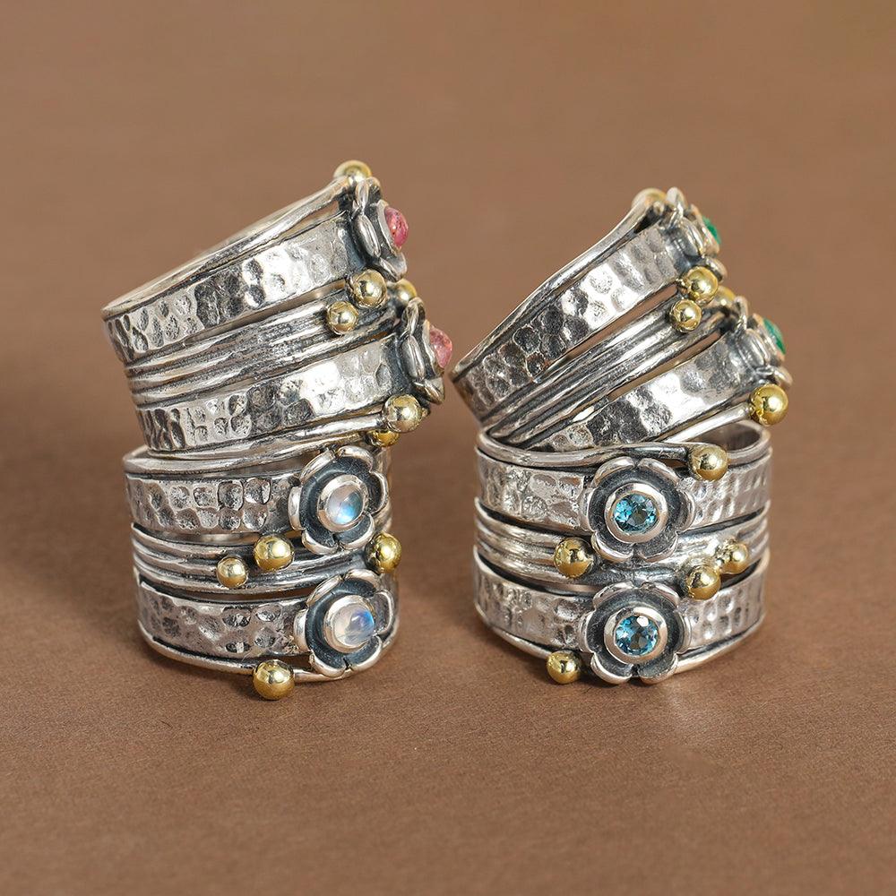 YoTreasure 3 MM Moonstone 925 Sterling Silver Brass Wide Band Statement Ring - YoTreasure