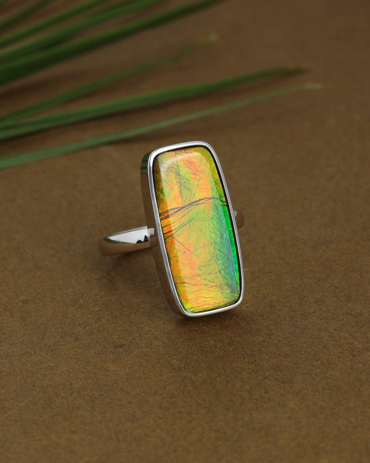 12.15 Ct. Ammolite Ring Solid 925 Sterling Silver Gemstone Jewelry - YoTreasure