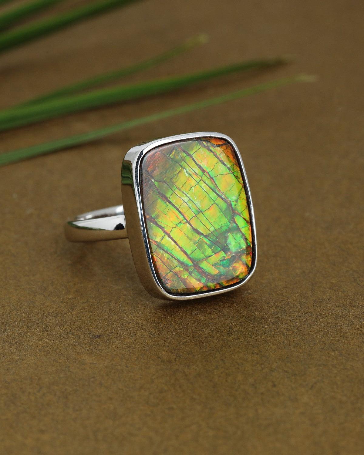 12.15 Ct Ammolite Ring 925 Sterling Silver Gemstone Jewelry - YoTreasure