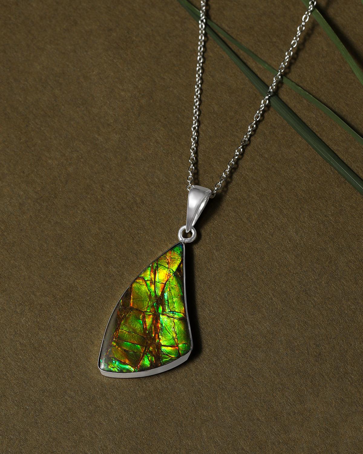 13.90 Ct. Ammolite .925 Sterling Silver Necklace Pendant Jewelry - YoTreasure