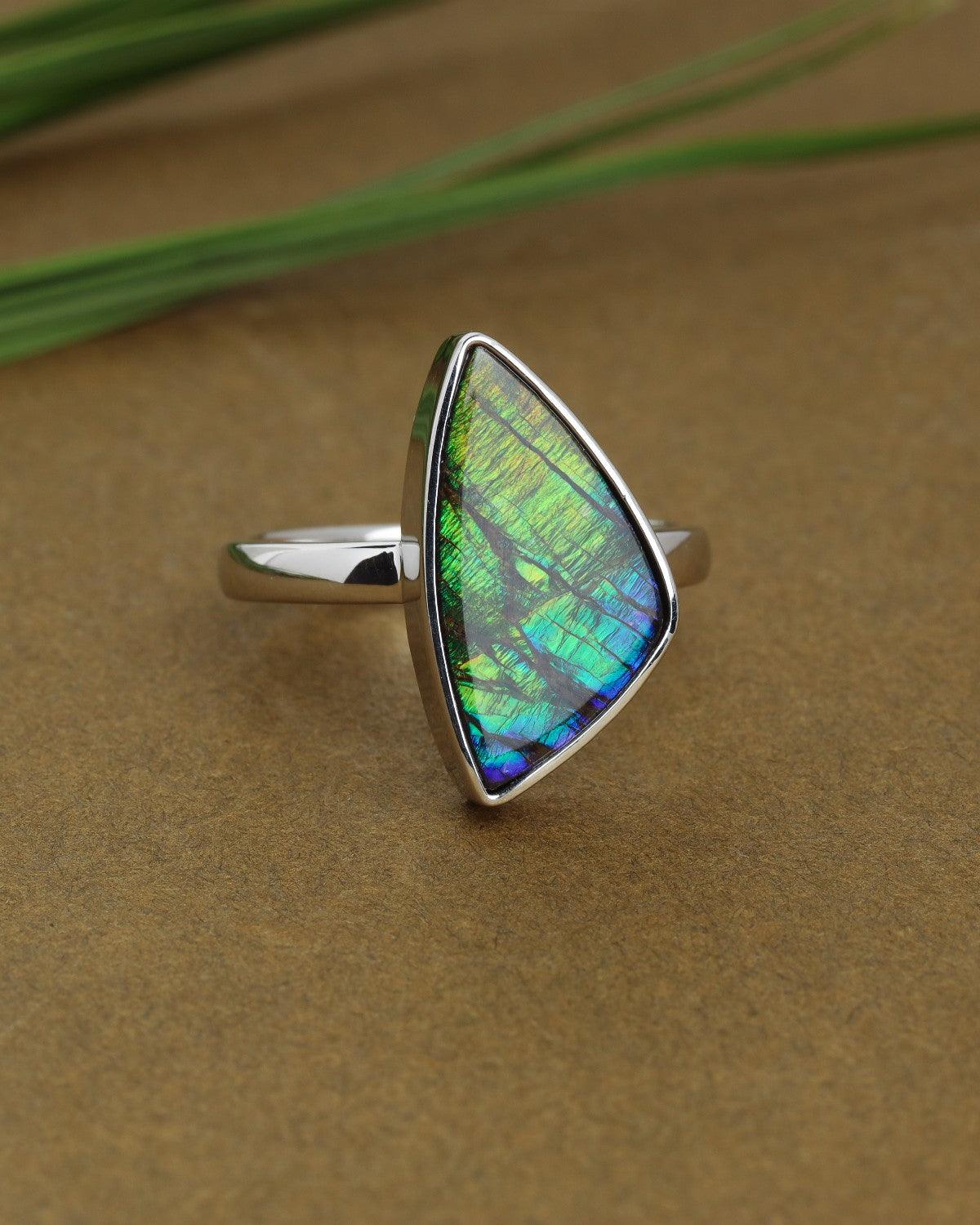 7.8 Ct. Ammolite Solid 925 Sterling Silver Ring Jewelry - YoTreasure