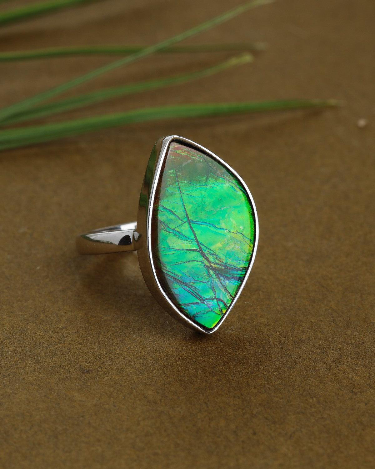 7.85 Ct. Ammolite Ring Solid 925 Sterling Silver Gemstone Jewelry - YoTreasure